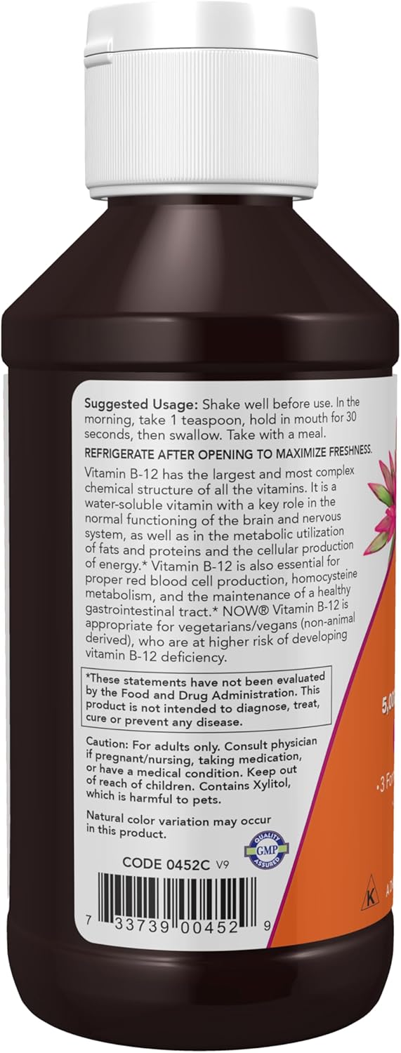 NOW Foods Ultra B-12 Liquid Supplement with 800 mcg Folic Acid for Cellular Energy Production - 4-Ounce Bottle