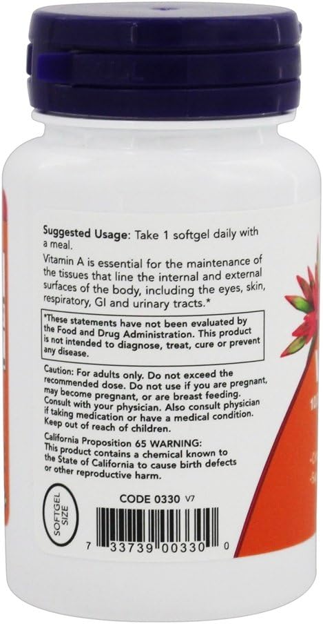 Now Foods Vitamin A 100 Softgels - 10,000 IU Dietary Supplement for Immune Support