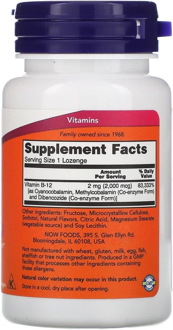 NOW Foods Vitamin B-12 2,000 mcg Lozenges - 100 Count Bottle - BoostGo Australia