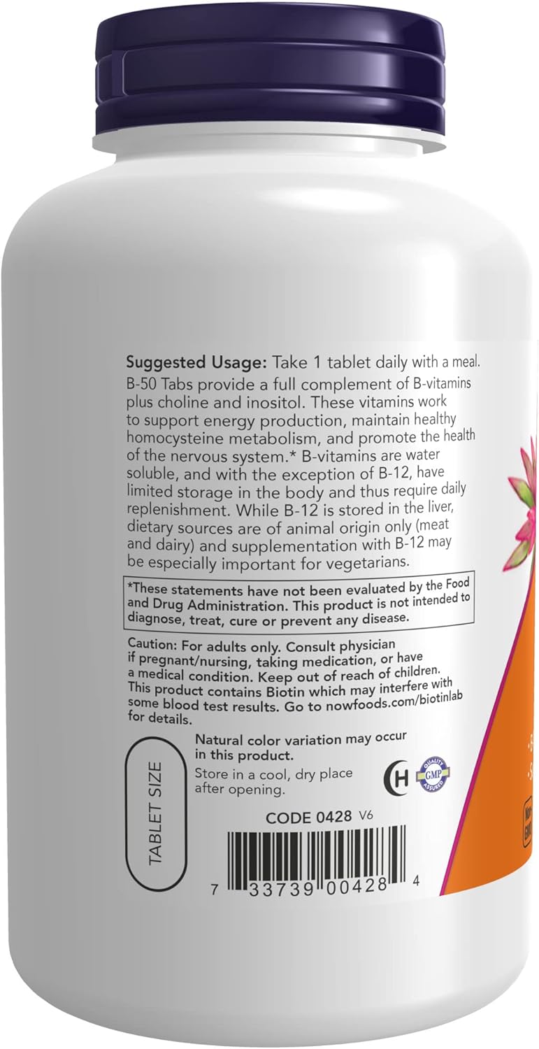 NOW Foods Vitamin B-50 mg Supplements for Energy & Nervous System Health - 250 Tablets x 2 Pack