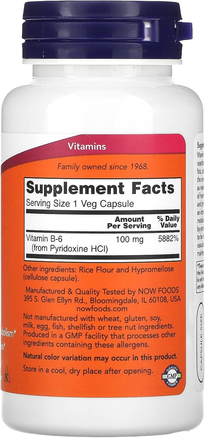 Now Foods Vitamin B-6 100mg - 100 Capsules for Energy Support and Metabolism Boost