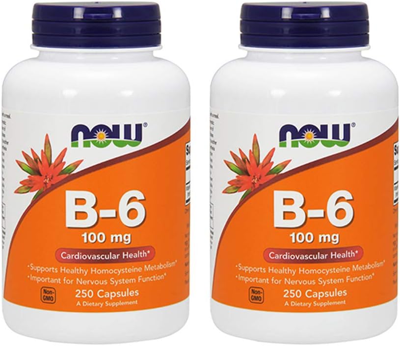 NOW Foods Vitamin B-6 100mg, 500 Capsules - Pack of Two