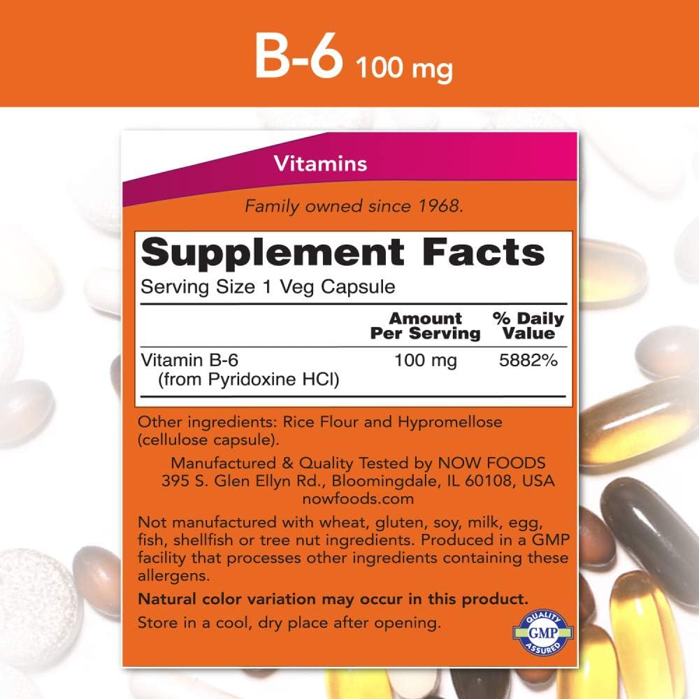 NOW Foods Vitamin B-6 100mg, 500 Capsules - Pack of Two