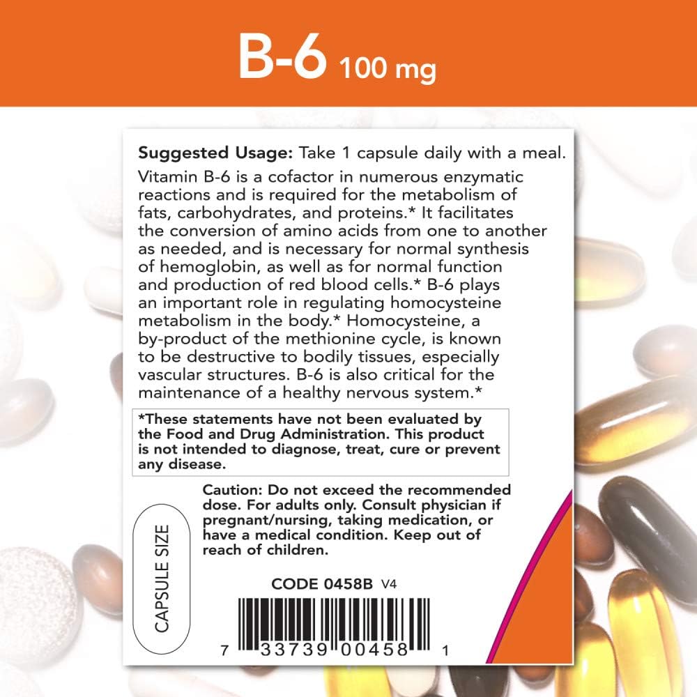 NOW Foods Vitamin B-6 100mg, 500 Capsules - Pack of Two