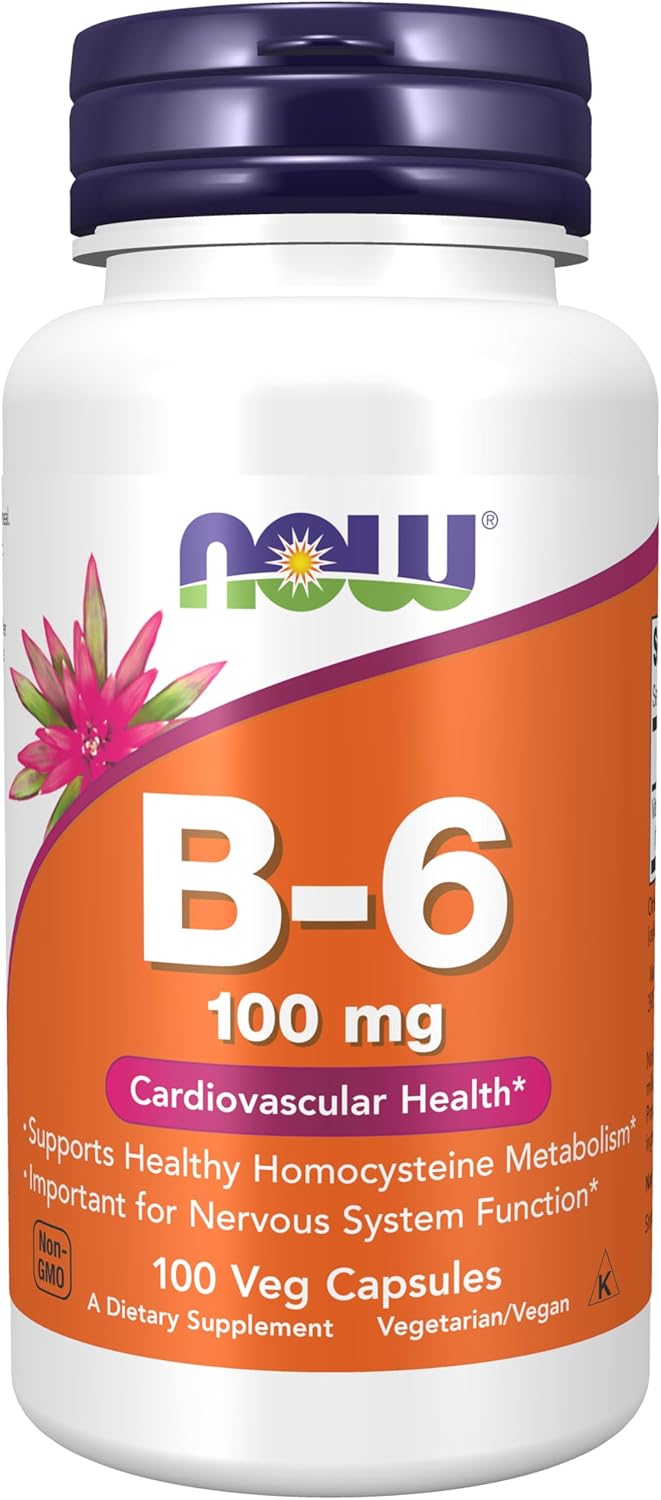NOW Foods Vitamin B-6 (Pyridoxine HCl) 100 mg Capsules for Cardiovascular Health - 100 Count - BoostGo Australia