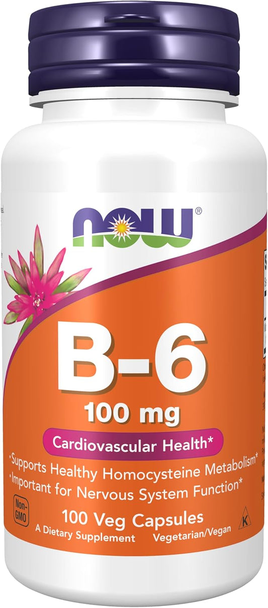 NOW Foods Vitamin B-6 (Pyridoxine HCl) 100 mg Capsules for Cardiovascular Health - 100 Count - BoostGo Australia