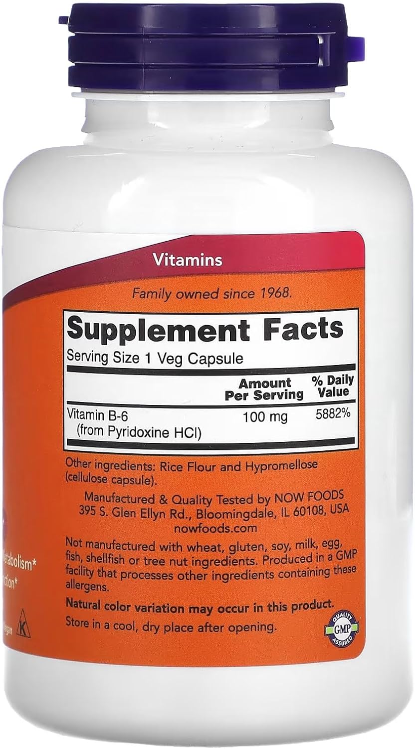 Now Foods Vitamin B6 Capsules - 100mg, 250 Count Bottle