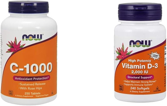 NOW Foods Vitamin C-1,000 with Rose HIPS, Sustained Release Tablets & Vitamin D-3 2,000 IU Softgels Bundle for Antioxidant and Structural Support