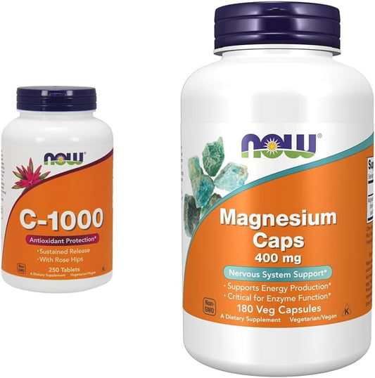 NOW Foods Vitamin C-1,000 with Rose HIPS Sustained Release 250 Tablets + Magnesium 400mg 180 Veg Capsules