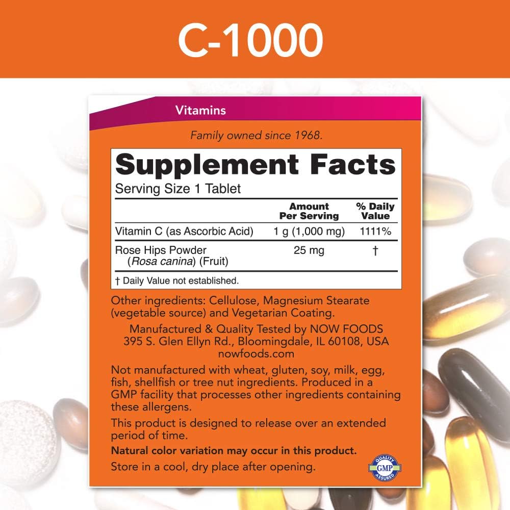 NOW Foods Vitamin C-1,000 with Rose HIPS Sustained Release 250 Tablets + Magnesium 400mg 180 Veg Capsules