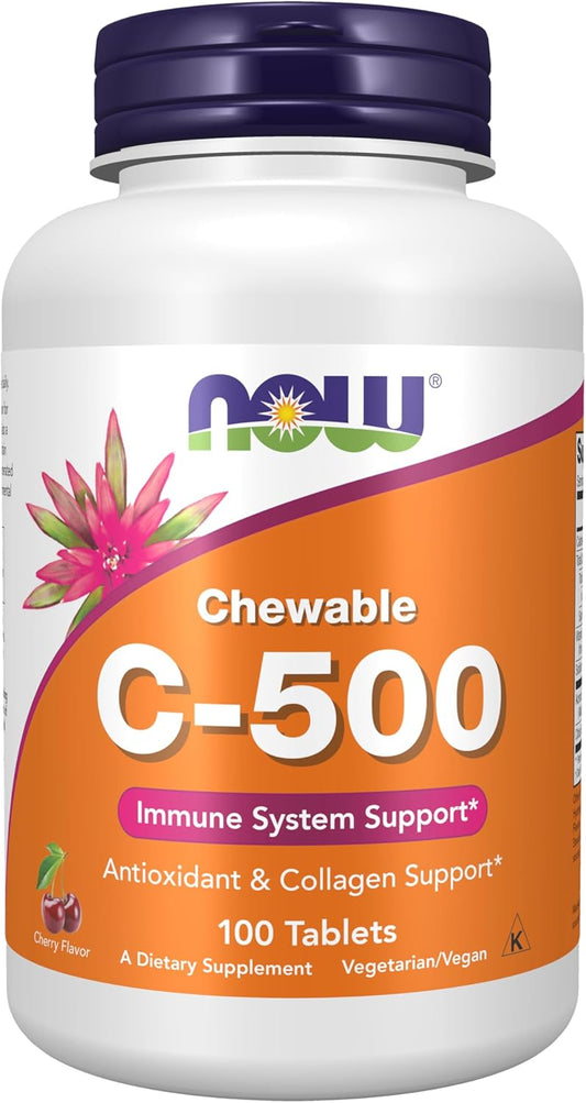 NOW Foods Vitamin C-500 Chewable Lozenges, Cherry Flavor - Antioxidant Protection - 100 Supplements - BoostGo Australia