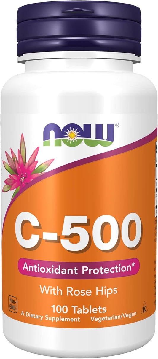 NOW Foods Vitamin C-500 with Rose Hips Tablets - Antioxidant Support - 100 Count