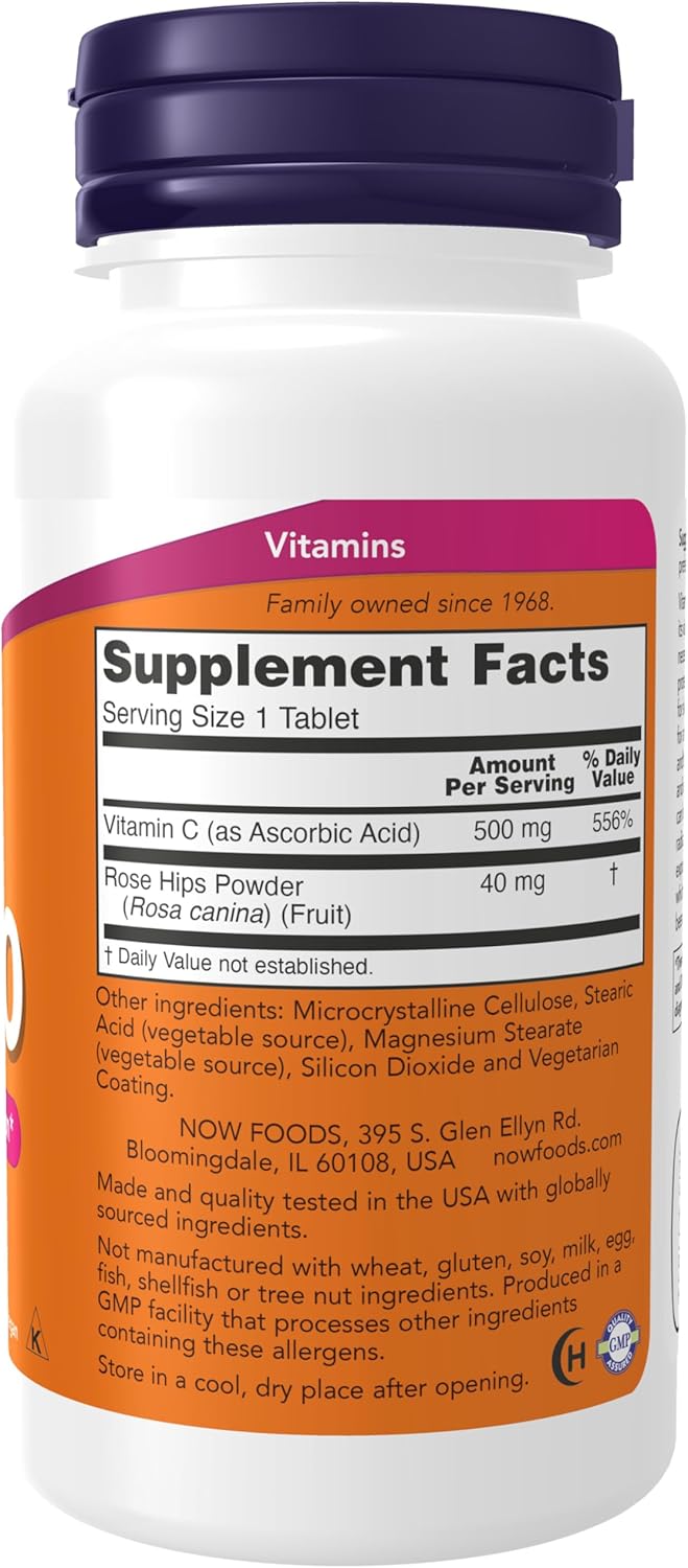 NOW Foods Vitamin C-500 with Rose Hips Tablets - Antioxidant Support - 100 Count