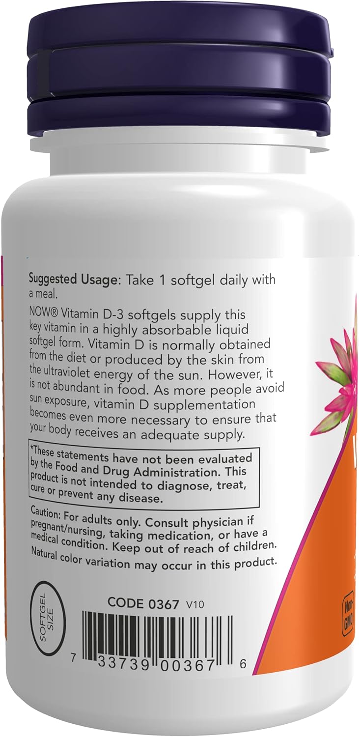 Now Foods Vitamin D-3 50 mcg (2,000 IU) Softgels 120 Count - Pack of 3