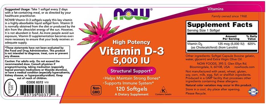 NOW Foods Vitamin D-3 5,000 IU Softgels - 120 Count