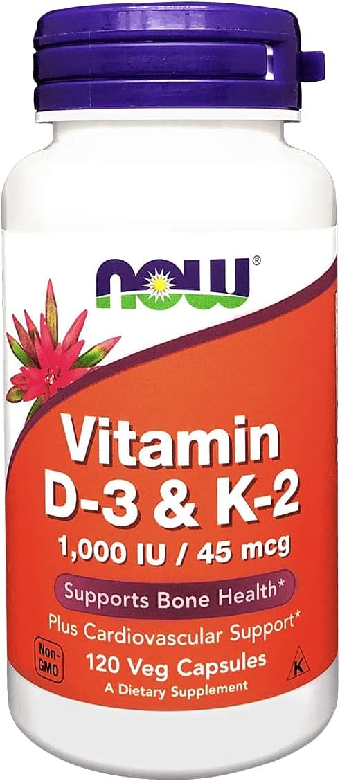 NOW Foods Vitamin D-3 & K-2 Supplement - 120 Vegetarian Capsules for Bone and Heart Health