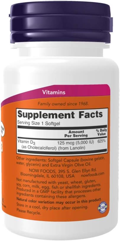 Now Foods Vitamin D3 5,000 IU Softgels - 240 Count (Pack of 2)