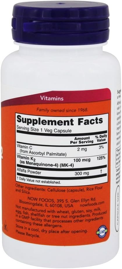 NOW FOODS Vitamin K-2 100 mcg - 100 Vegetarian Capsules, 100 Count