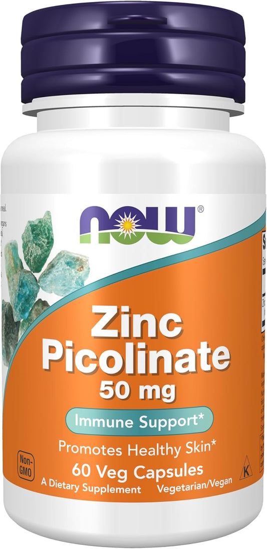 NOW Foods Zinc Picolinate 50 mg Capsules - Enzyme Function Support - Immune System Boost - 60 Veggies