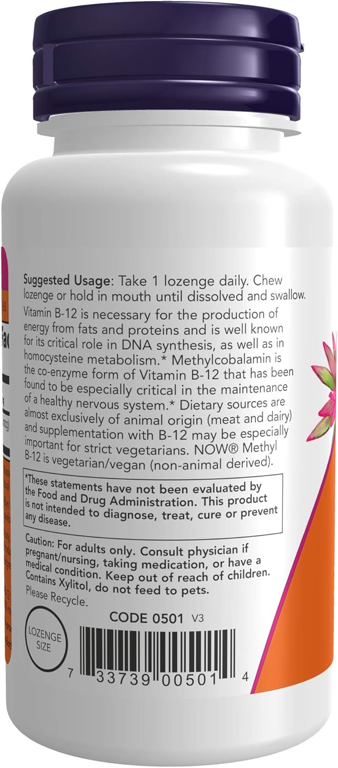NOW Methyl B-12 (Methylcobalamin) 10,000 mcg Lozenges - Nervous System Support - 240 Count