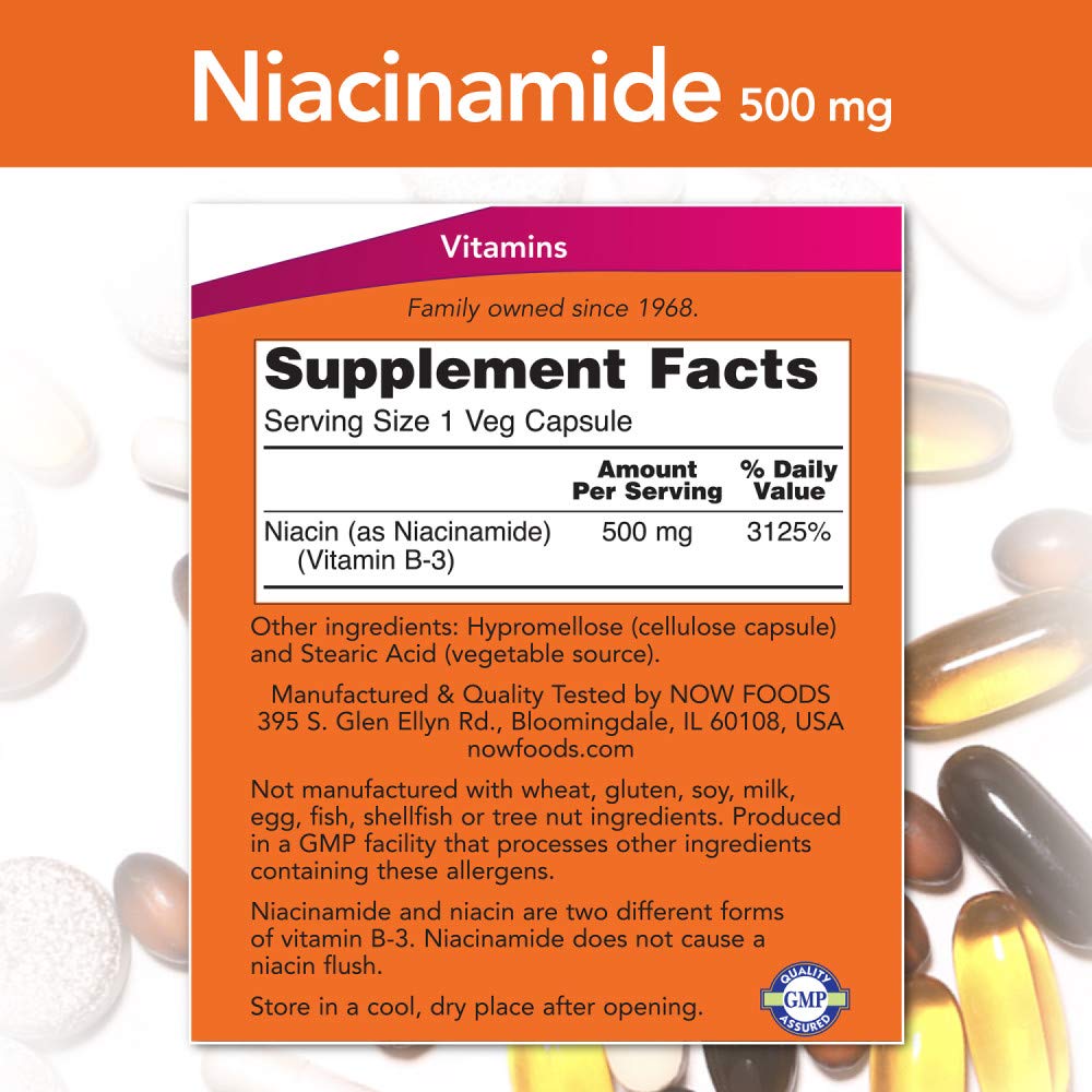 NOW Niacinamide 500mg Capsules - Essential Vitamin Supplement for Skin Health, 100 Count
