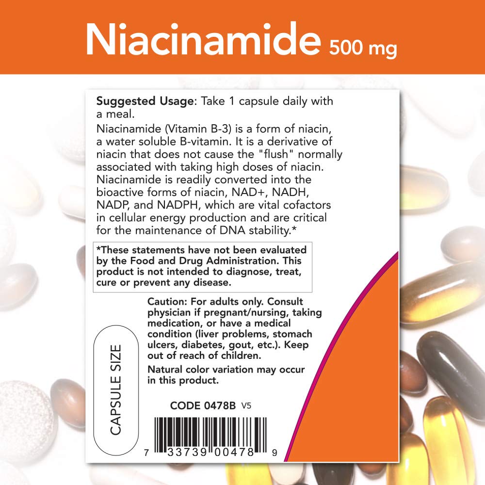 NOW Niacinamide 500mg Capsules - Essential Vitamin Supplement for Skin Health, 100 Count