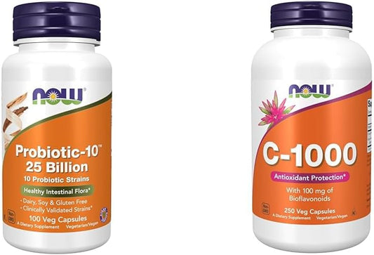 NOW Probiotic-10™, 25 Billion CFU, 10 Strains, Dairy/Soy/Gluten Free + NOW Vitamin C-1,000 with Bioflavonoids, 250 Capsules