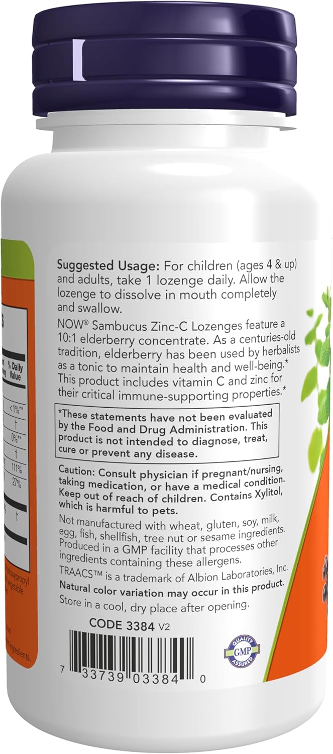 NOW Sambucus Zinc-C Lozenges - Elderberry Concentrate & Vitamin C - 120 Count - Pack of 2