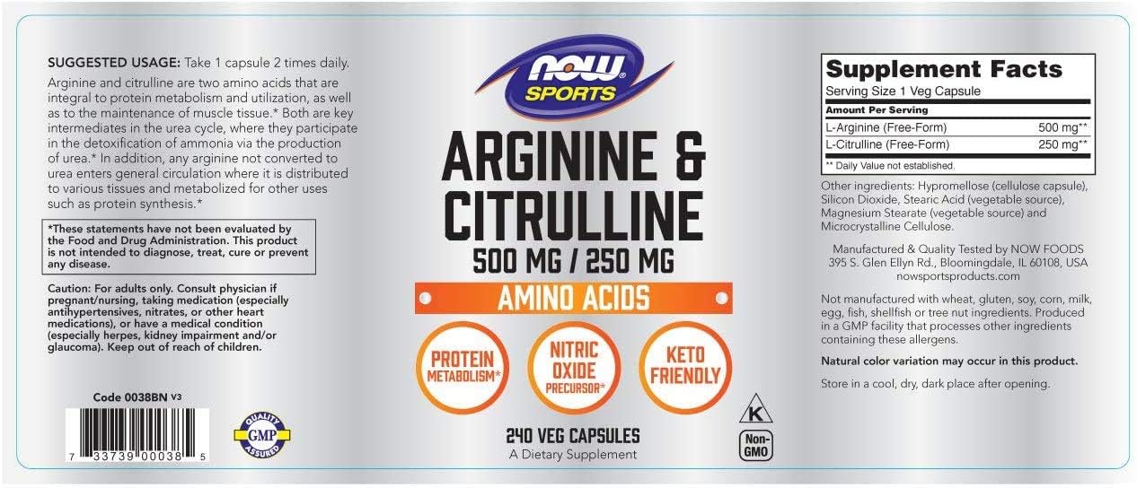 NOW Sports Nutrition Arginine & Citrulline Amino Acids Supplement 240 Veg Capsules