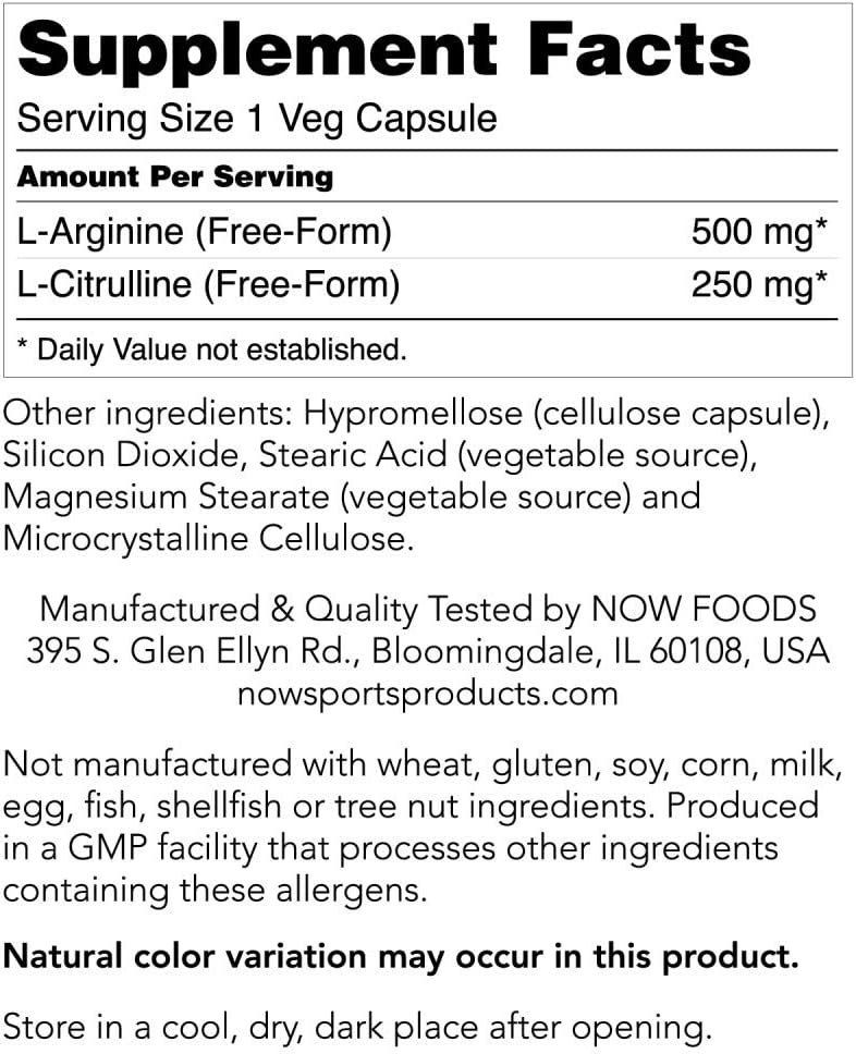 NOW Sports Nutrition Arginine & Citrulline Amino Acids Supplement 240 Veg Capsules