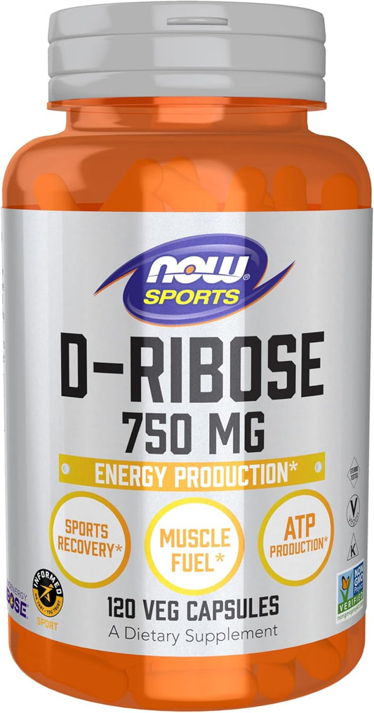 NOW Sports Nutrition D-Ribose 750mg Veg Capsules for Energy Production - Non-GMO Certified - 120 Count