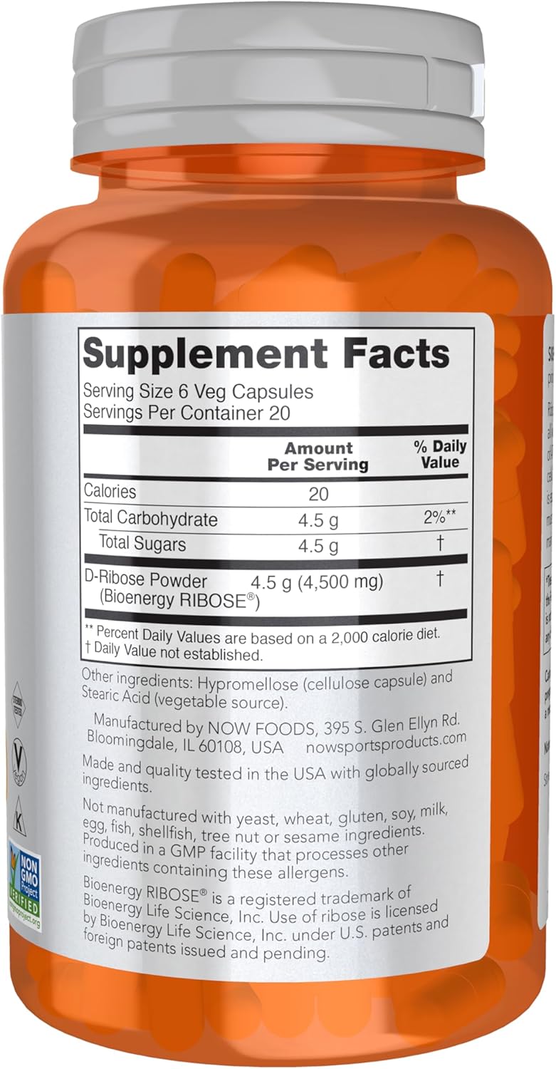 NOW Sports Nutrition D-Ribose 750mg Veg Capsules for Energy Production - Non-GMO Certified - 120 Count