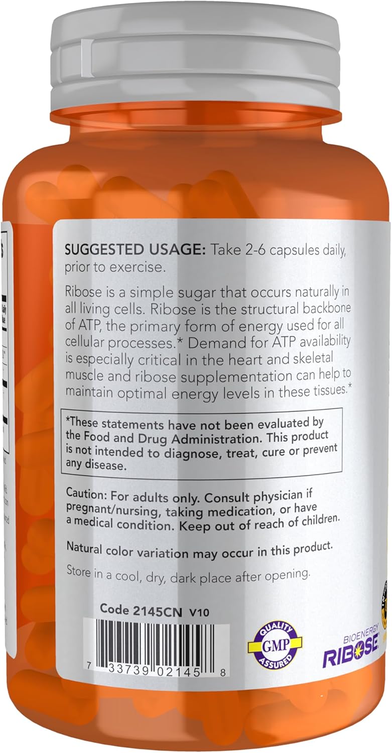 NOW Sports Nutrition D-Ribose 750mg Veg Capsules for Energy Production - Non-GMO Certified - 120 Count