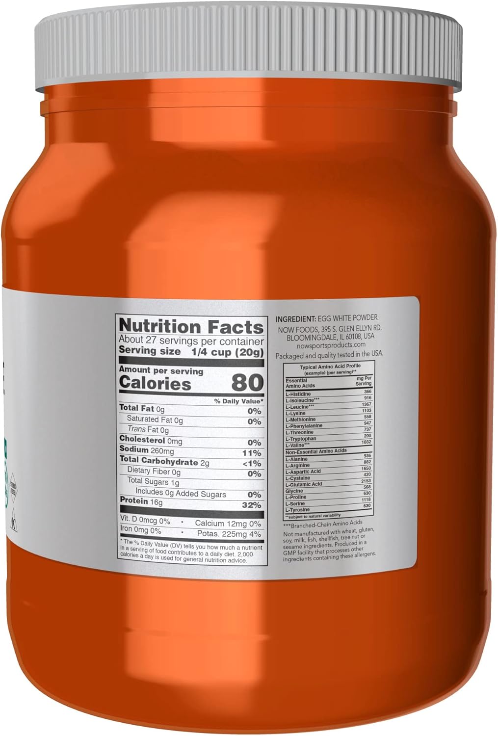 NOW Sports Nutrition Egg White Protein Powder with BCAAs, Unflavored, 1.2lb (Pack of 2) - 16g Protein