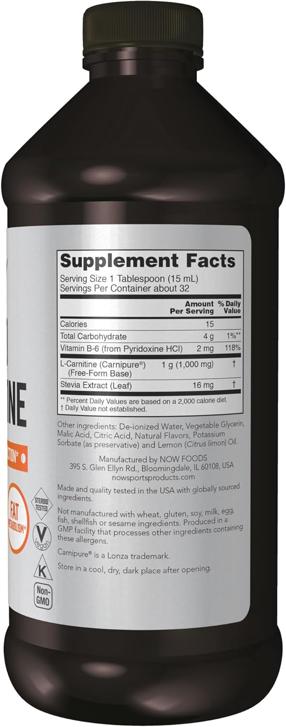 NOW Sports Nutrition L-Carnitine Liquid 1000 mg - Citrus Flavor - 16 oz - Fast Absorption Formula