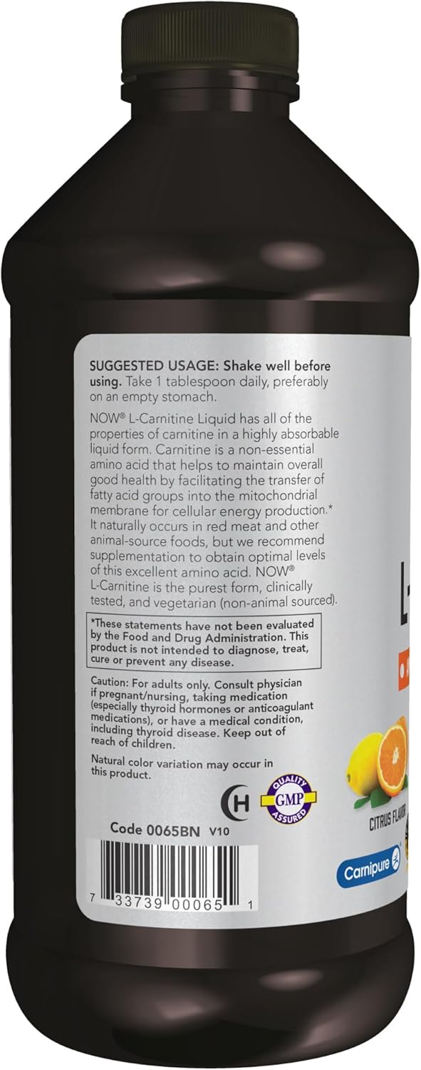 NOW Sports Nutrition L-Carnitine Liquid 1000 mg - Citrus Flavor - 16 oz - Fast Absorption Formula