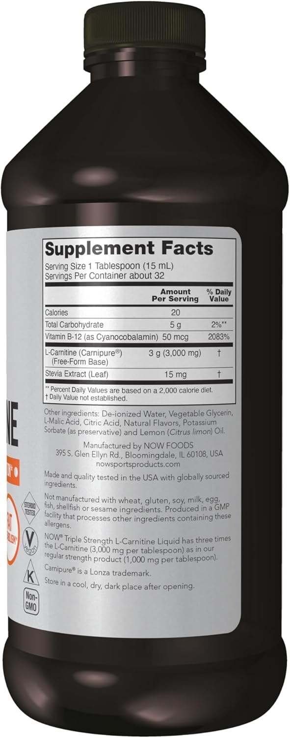 NOW Sports Nutrition L-Carnitine Liquid 3000 mg Triple Strength Citrus Flavor 16 oz Bottle