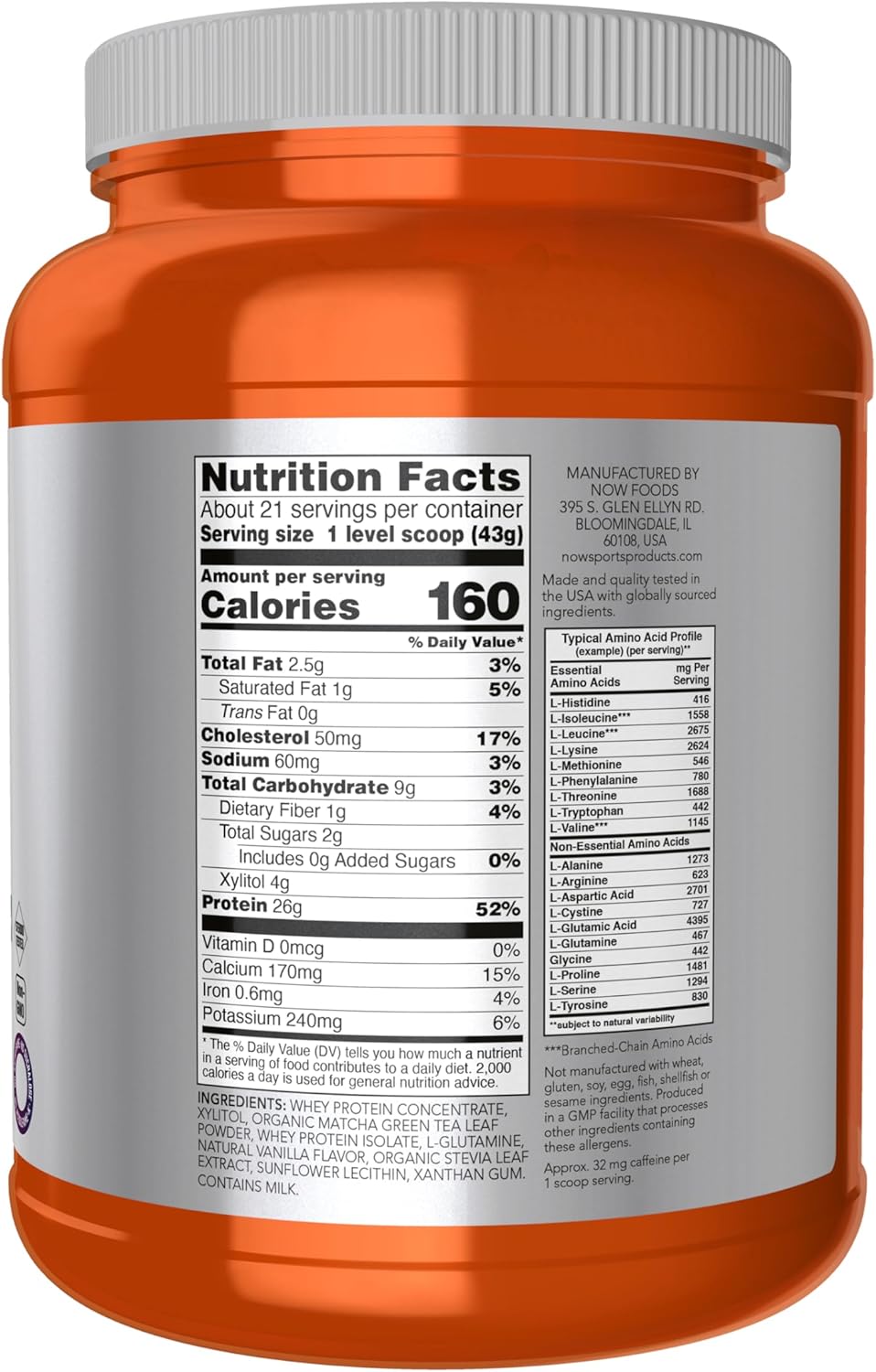 NOW Sports Nutrition Whey Protein with BCAAs and Matcha Powder - 24g Protein - 2lb