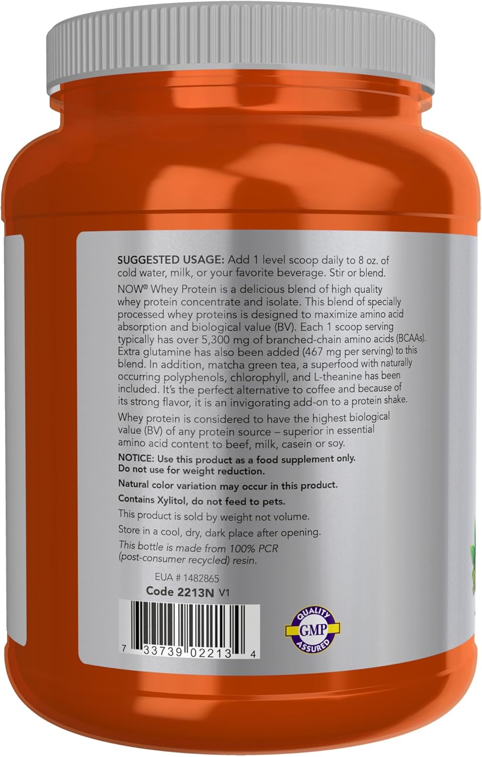 NOW Sports Nutrition Whey Protein with BCAAs and Matcha Powder - 24g Protein - 2lb