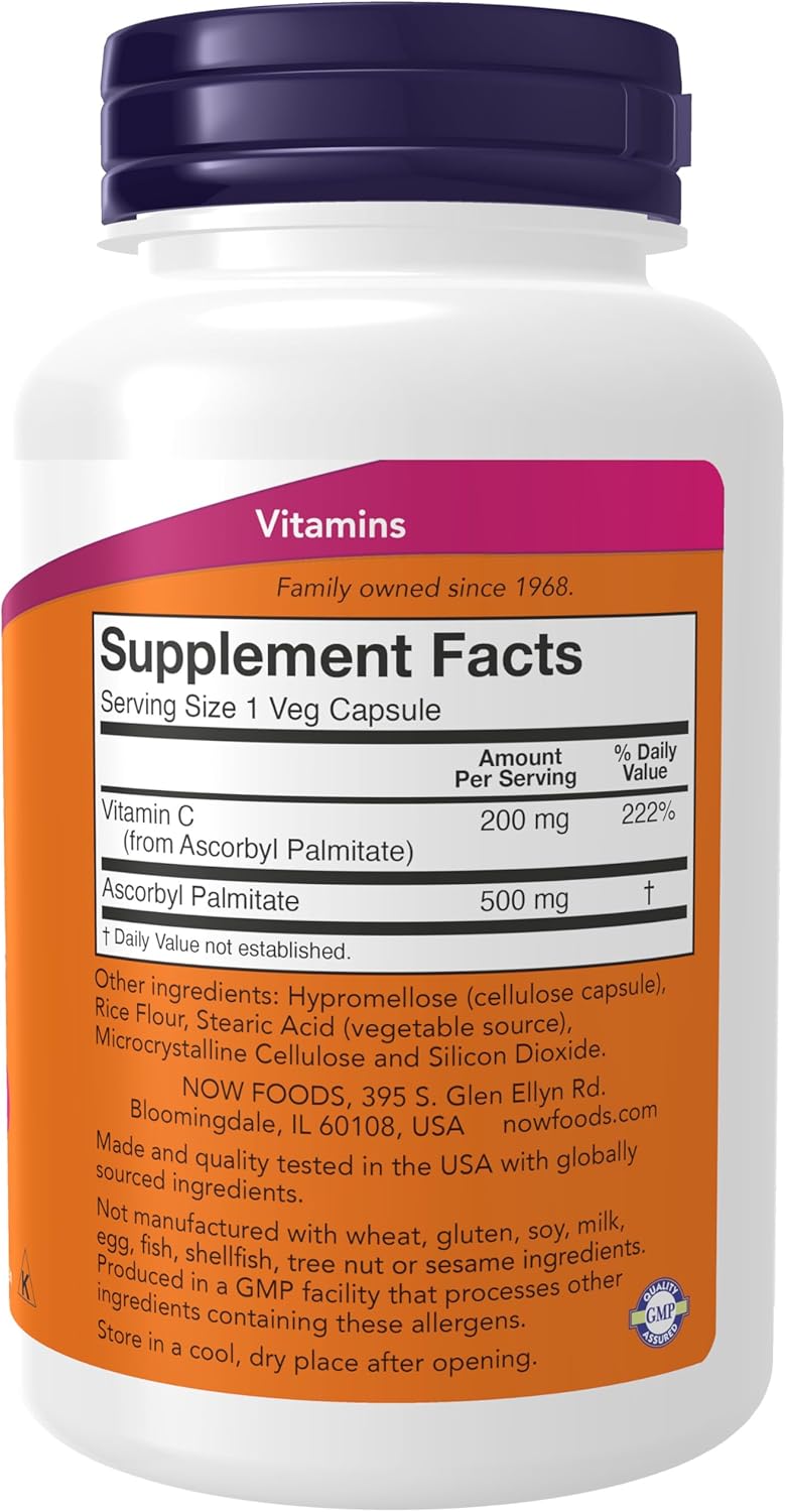NOW Supplements Ascorbyl Palmitate 500mg Vitamin C Capsules - Antioxidant Protection - 100 Veg Capsules