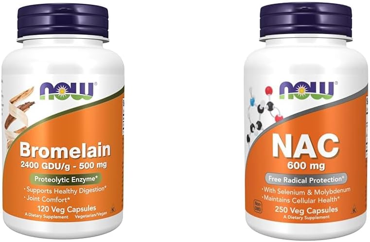 NOW Supplements Bromelain 2,400 GDU/g - 500 mg Proteolytic Enzyme, 120 Veg Capsules + NAC 600 mg with Selenium & Molybdenum, 250 Capsules