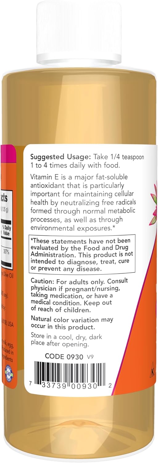 NOW Supplements Natural Vitamin E-Oil (D-Alpha Tocopherol) with Mixed Tocopherols for Antioxidant Protection - 4 oz