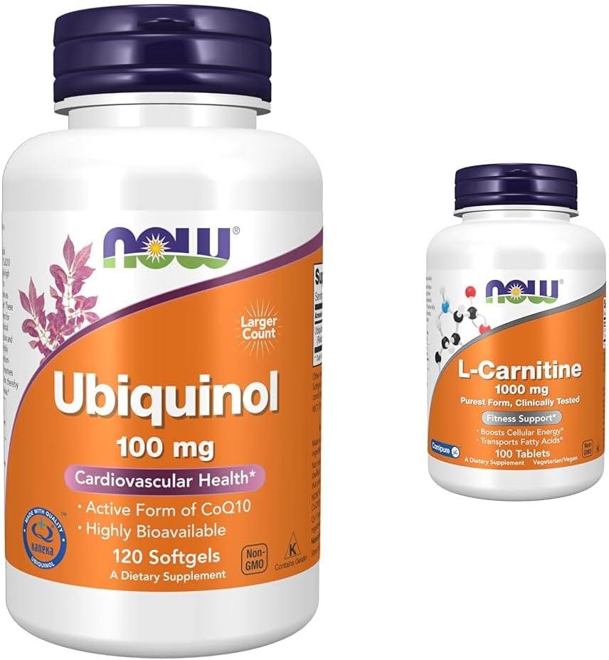 NOW Supplements Ubiquinol 100mg Softgels & L-Carnitine 1000mg Tablets for Fitness Support, High Bioavailability and Purest Form CoQ10 and Amino Acid