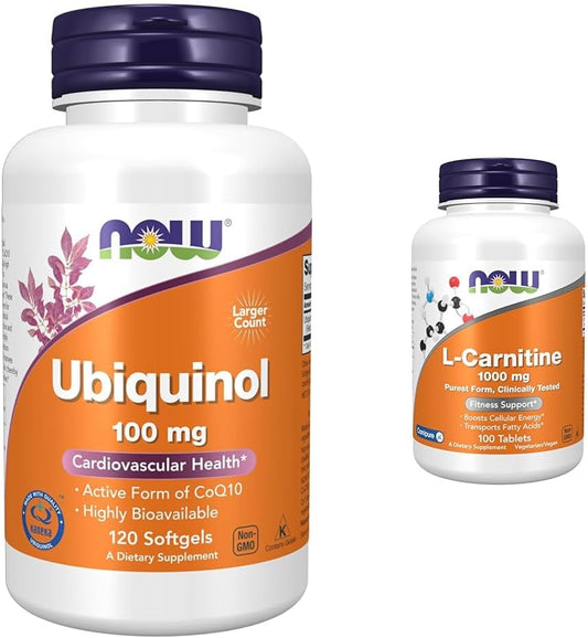 NOW Supplements Ubiquinol 100mg Softgels & L-Carnitine 1000mg Tablets for Fitness Support, High Bioavailability and Purest Form CoQ10 and Amino Acid