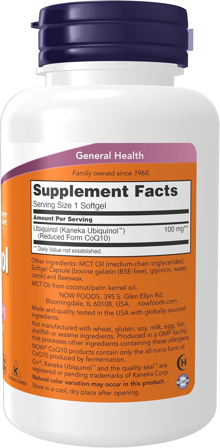 NOW Supplements Ubiquinol 100mg Softgels & L-Carnitine 1000mg Tablets for Fitness Support, High Bioavailability and Purest Form CoQ10 and Amino Acid