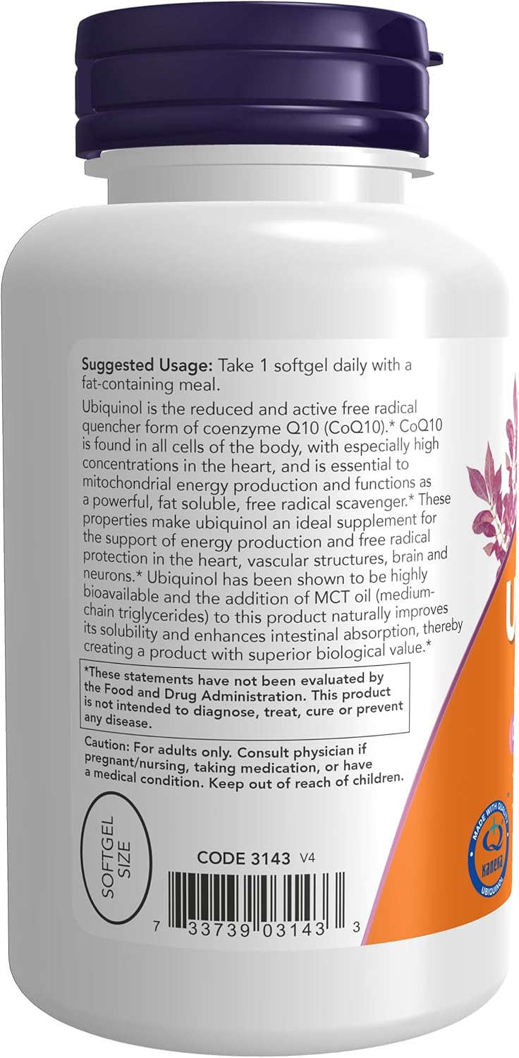 NOW Supplements Ubiquinol 100mg Softgels & L-Carnitine 1000mg Tablets for Fitness Support, High Bioavailability and Purest Form CoQ10 and Amino Acid