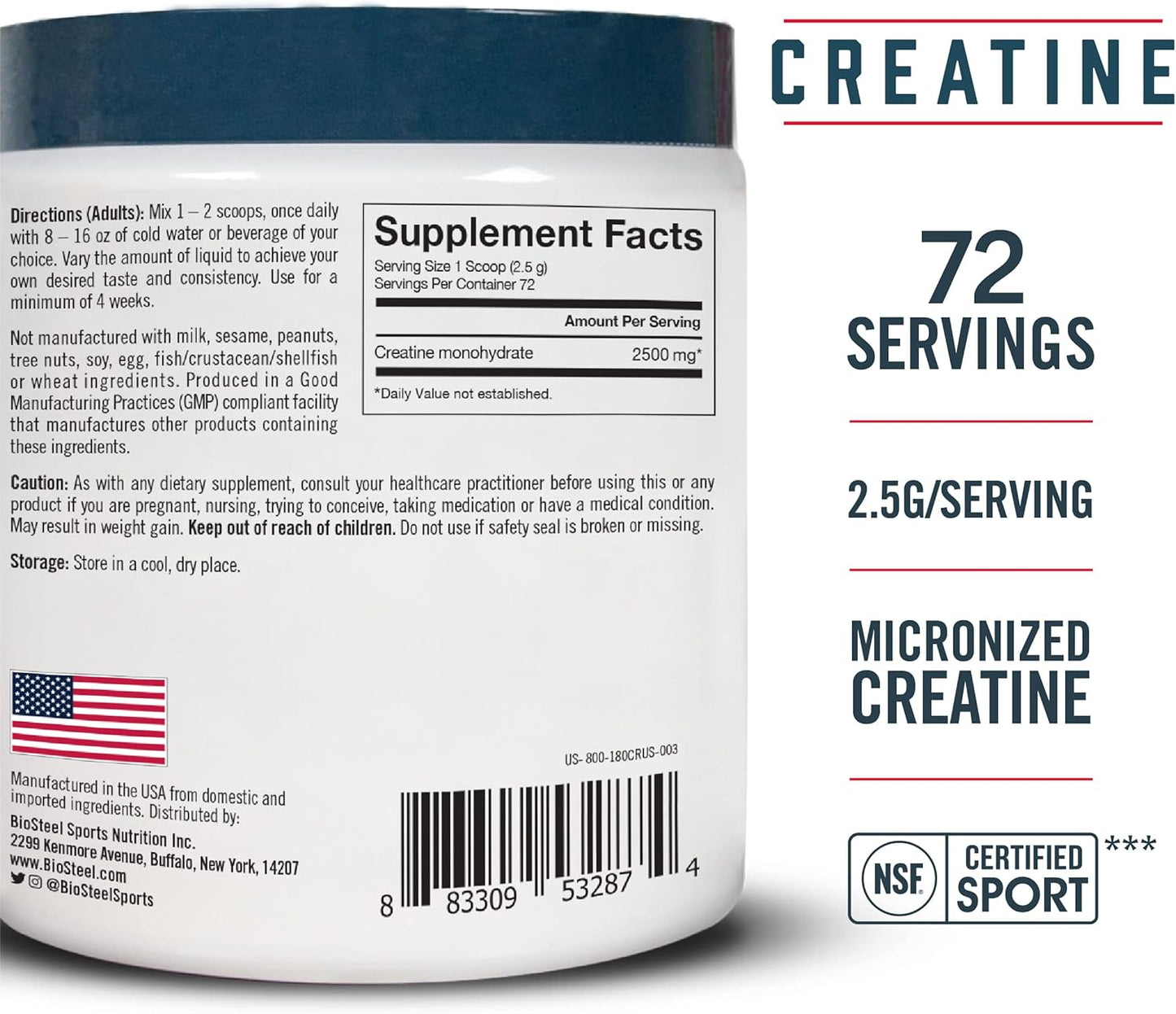 NSF Certified BioSteel Creatine Monohydrate Powder - 72 Servings, 180g, Micronized for Muscle Recovery and Lean Muscle Gain