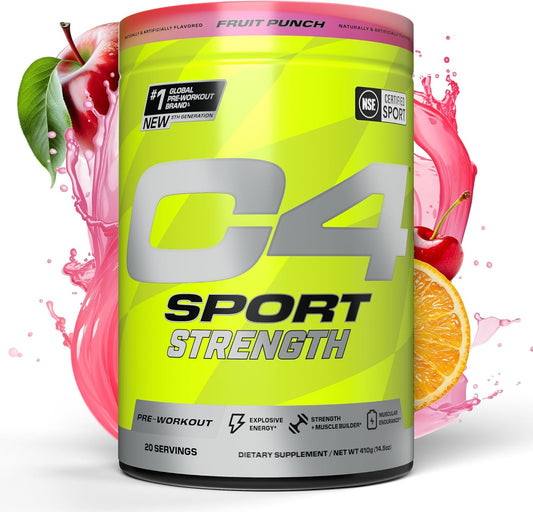 NSF Certified Cellucor C4 Sport Strength Pre Workout Powder - Sugar Free Energy Supplement with Beta-Alanine, Creatine, and Caffeine - Fruit Punch Flavor - 20 Servings for Men & Women