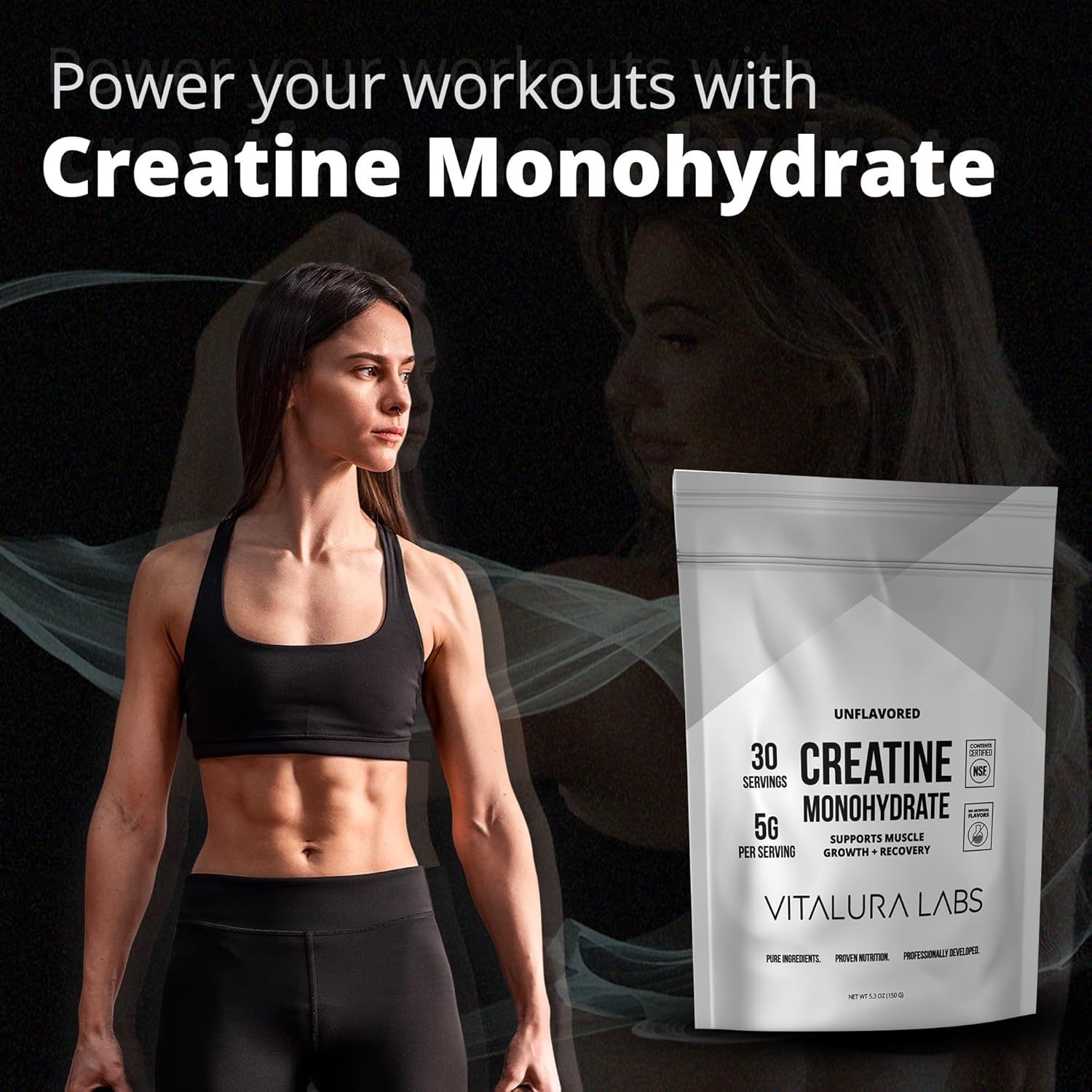 NSF-Certified Unflavored Creatine Powder for Muscle Growth & Recovery - 30 Servings by Vitalura Labs