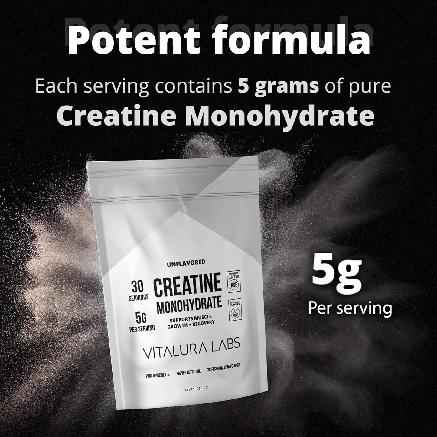NSF-Certified Unflavored Creatine Powder for Muscle Growth & Recovery - 30 Servings by Vitalura Labs